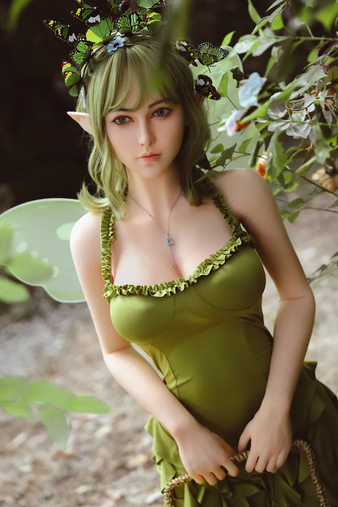 Rosretty 160cm (5ft3) C-Cup Silicone Head Enchanted Forest Elf-Ears Green Fairy Silicone Head + TPE Body Hybrid Sex Doll Lyra, Head #S19 — 160cm Silicone Head + TPE Body companion doll