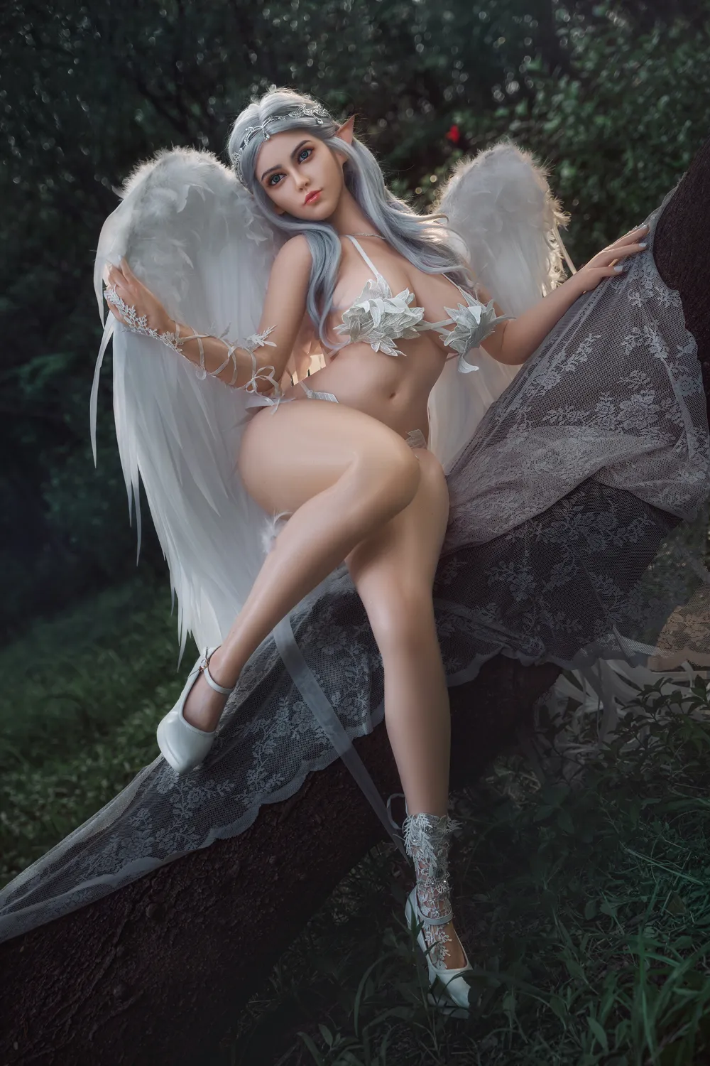 ROSRETTY Doll 164cm (5ft5) D-Cup Cosplay Oreilles d'Elfe Cheveux Argentés Silicone Poupée sexuelle Melissa, Tête S12